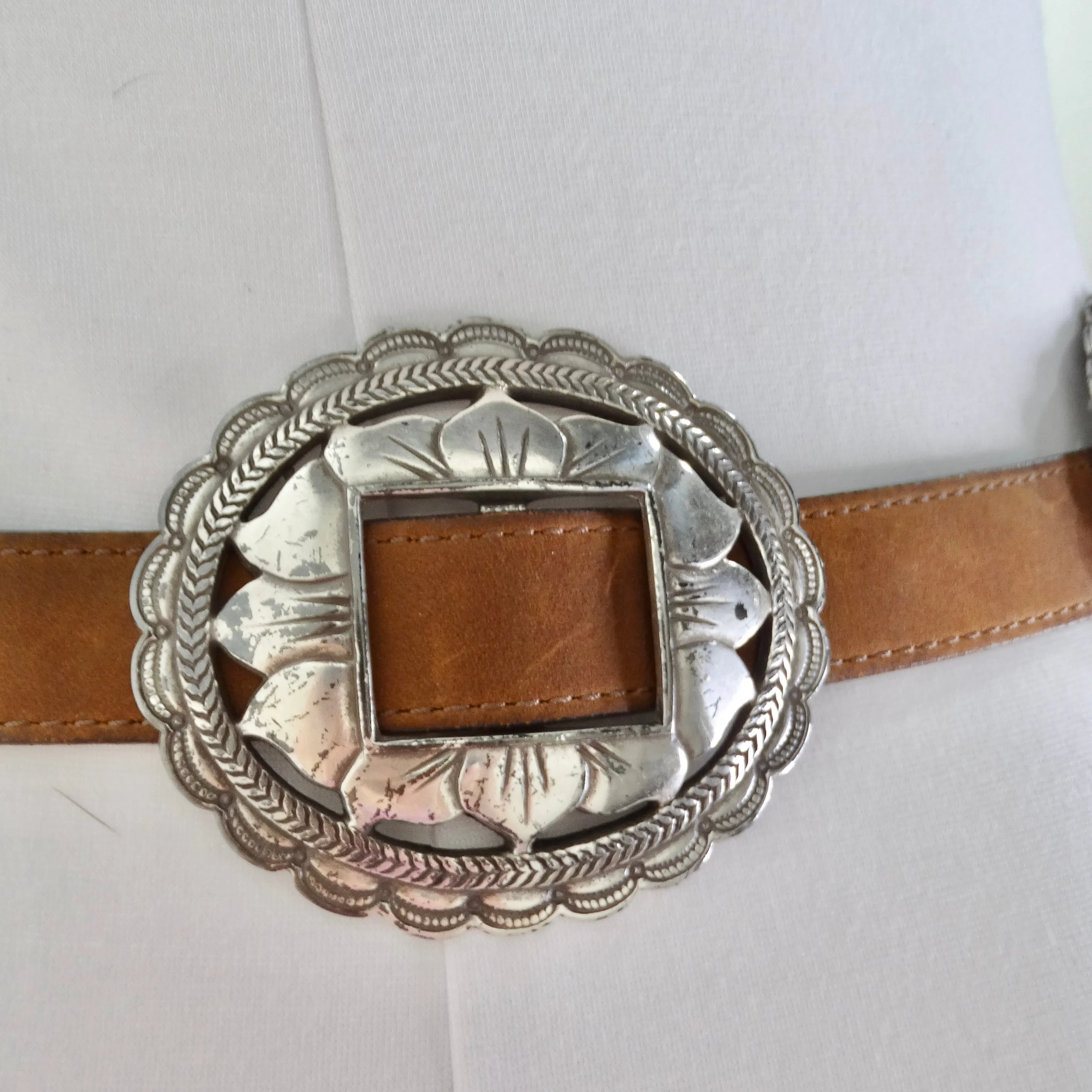 1990s Brown Leather Silver Tone Belt