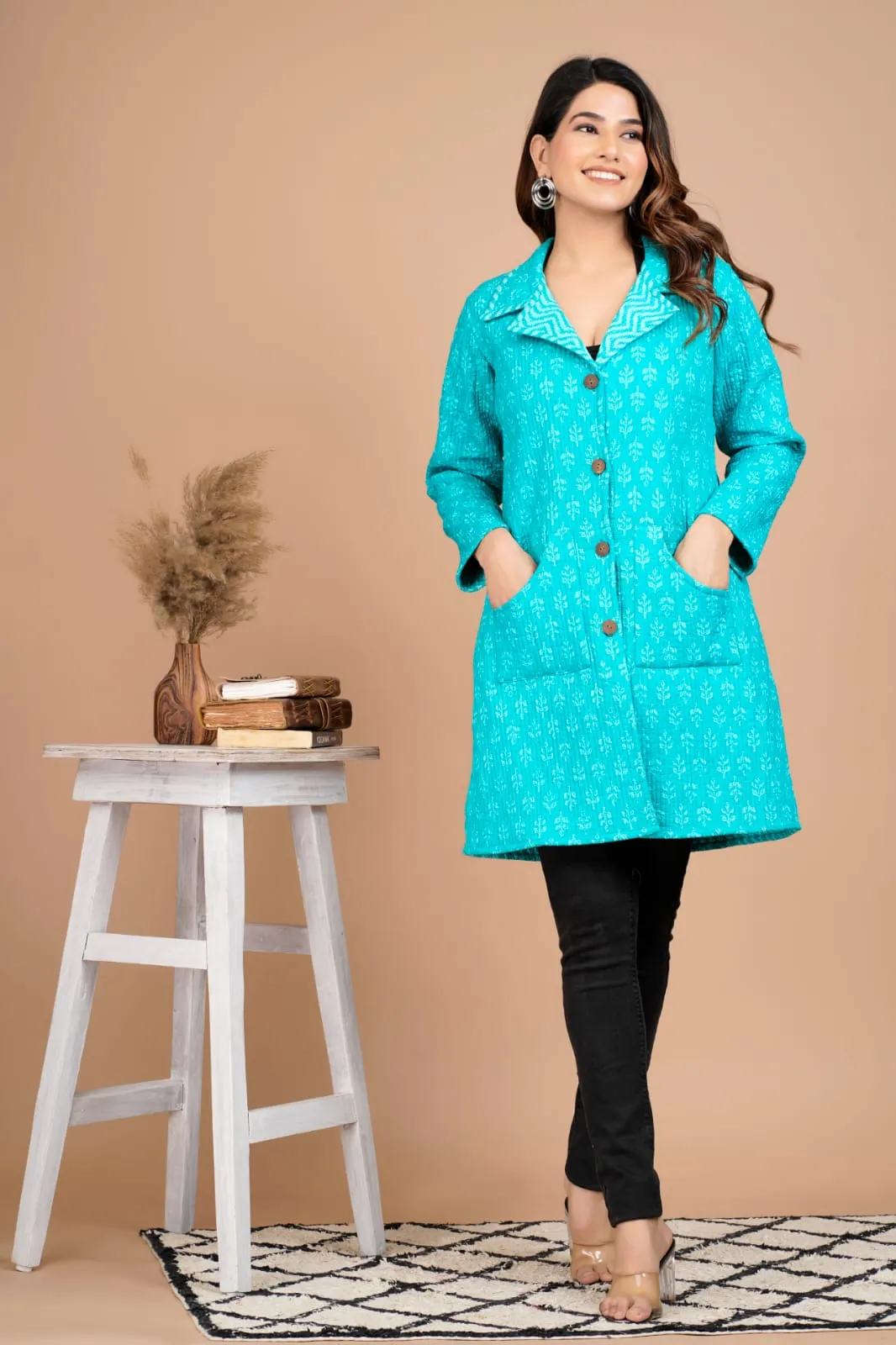 Beautiful Blue Pure Cotton Quilted Reversible Print Long Jackets